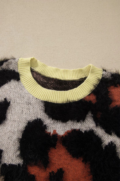 Khaki leopard colorblock fuzzy drop-shoulder sweater, alternate product view 3