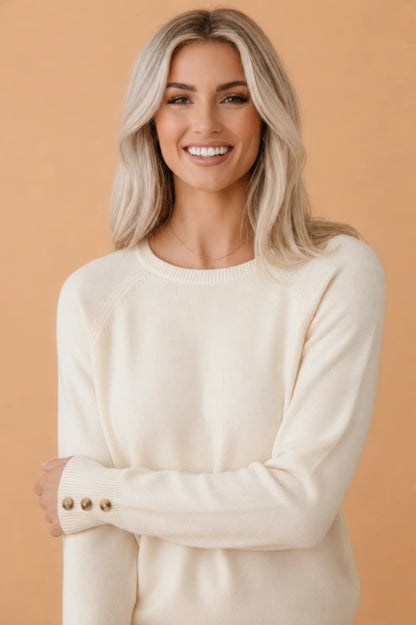 Solid buttoned bishop-sleeve crew neck sweater in white or camel