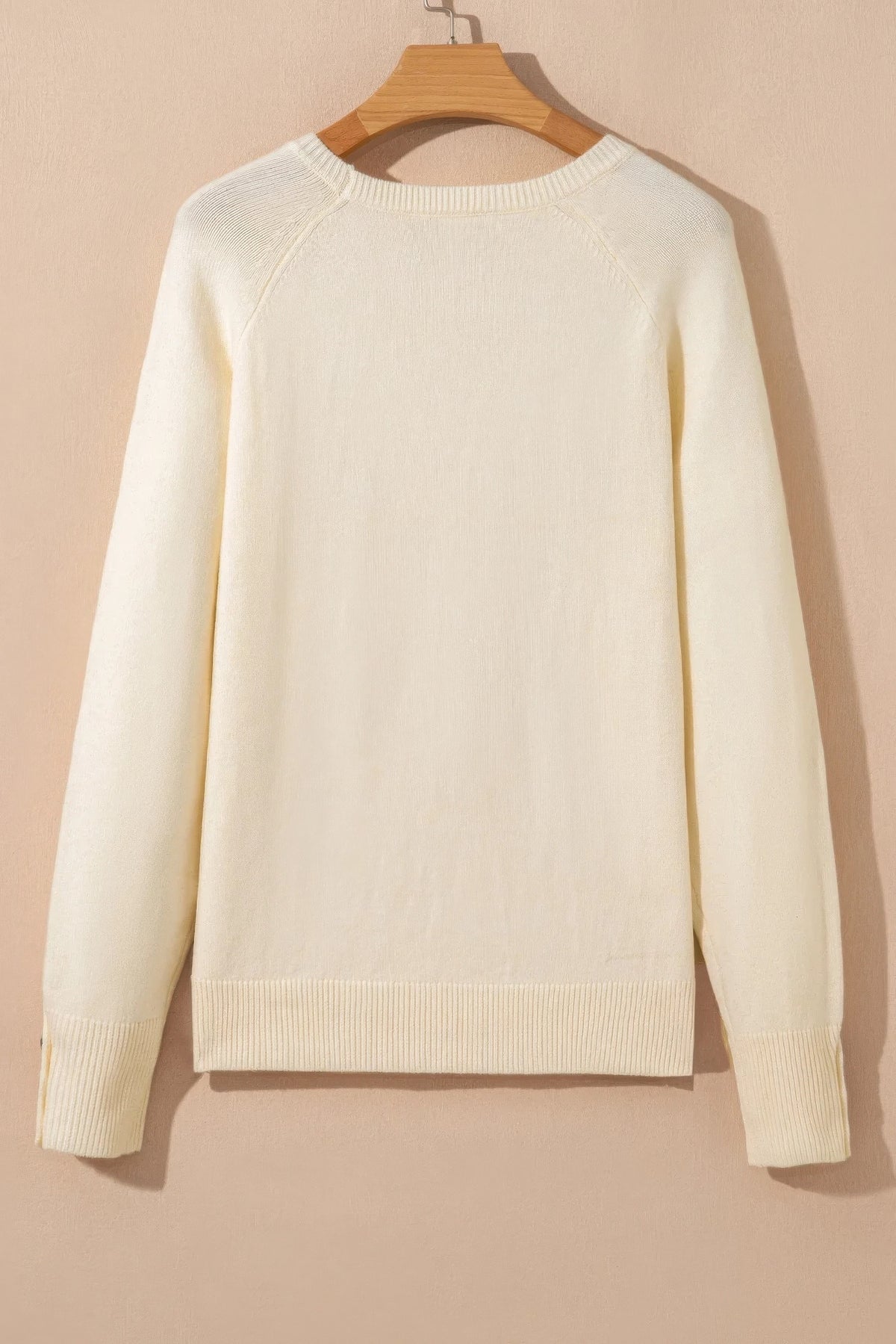 Solid buttoned bishop-sleeve crew neck sweater in white or camel, alternate product view 2