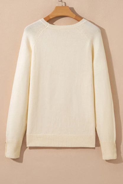 Solid buttoned bishop-sleeve crew neck sweater in white or camel, alternate product view 2