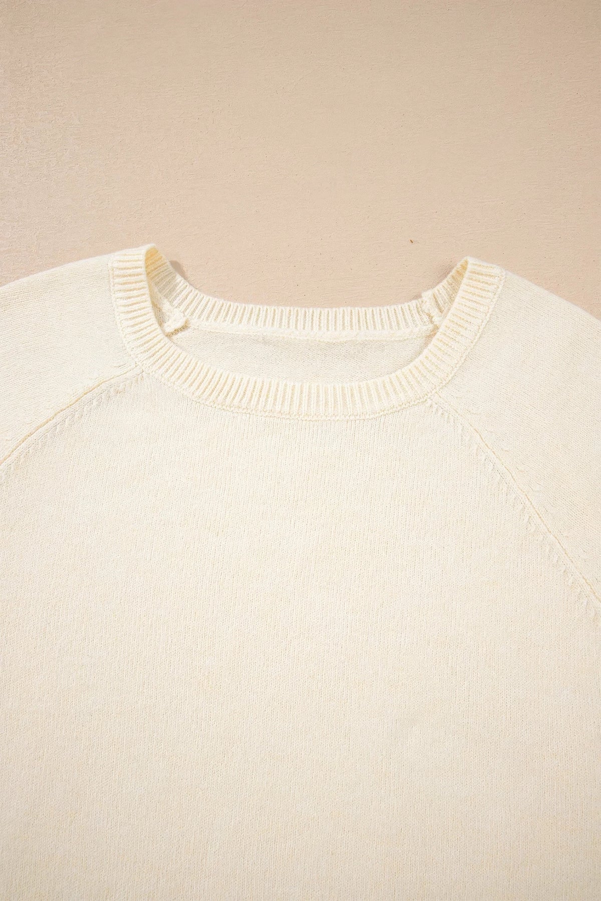 Solid buttoned bishop-sleeve crew neck sweater in white or camel, alternate product view 3