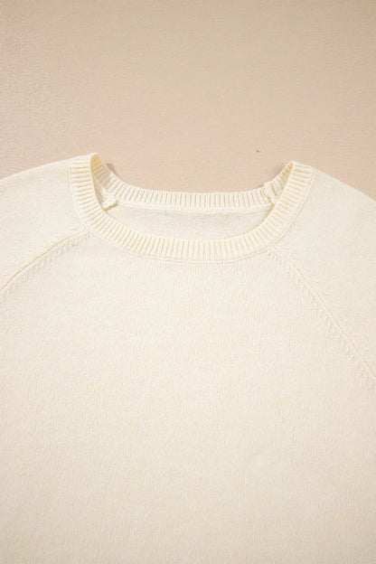 Solid buttoned bishop-sleeve crew neck sweater in white or camel, alternate product view 3