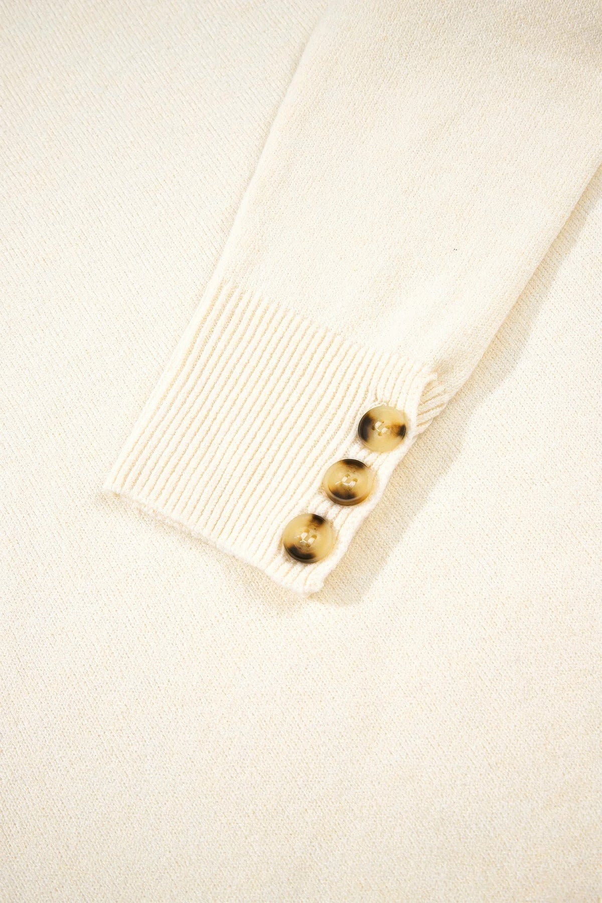 Solid buttoned bishop-sleeve crew neck sweater in white or camel, alternate product view 4