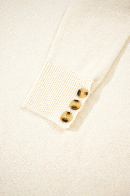 Solid buttoned bishop-sleeve crew neck sweater in white or camel, alternate product view 4