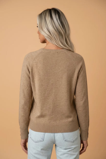 Solid buttoned bishop-sleeve crew neck sweater in white or camel, alternate product view 7