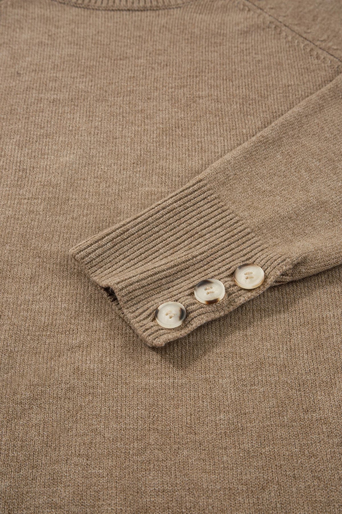 Solid buttoned bishop-sleeve crew neck sweater in white or camel, alternate product view 8