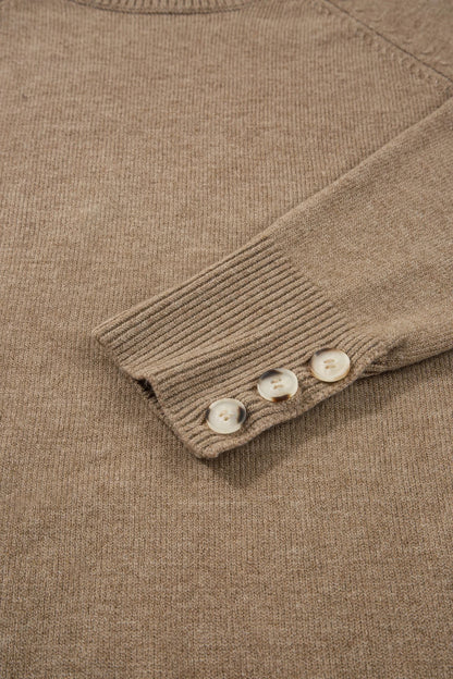 Solid buttoned bishop-sleeve crew neck sweater in white or camel, alternate product view 8