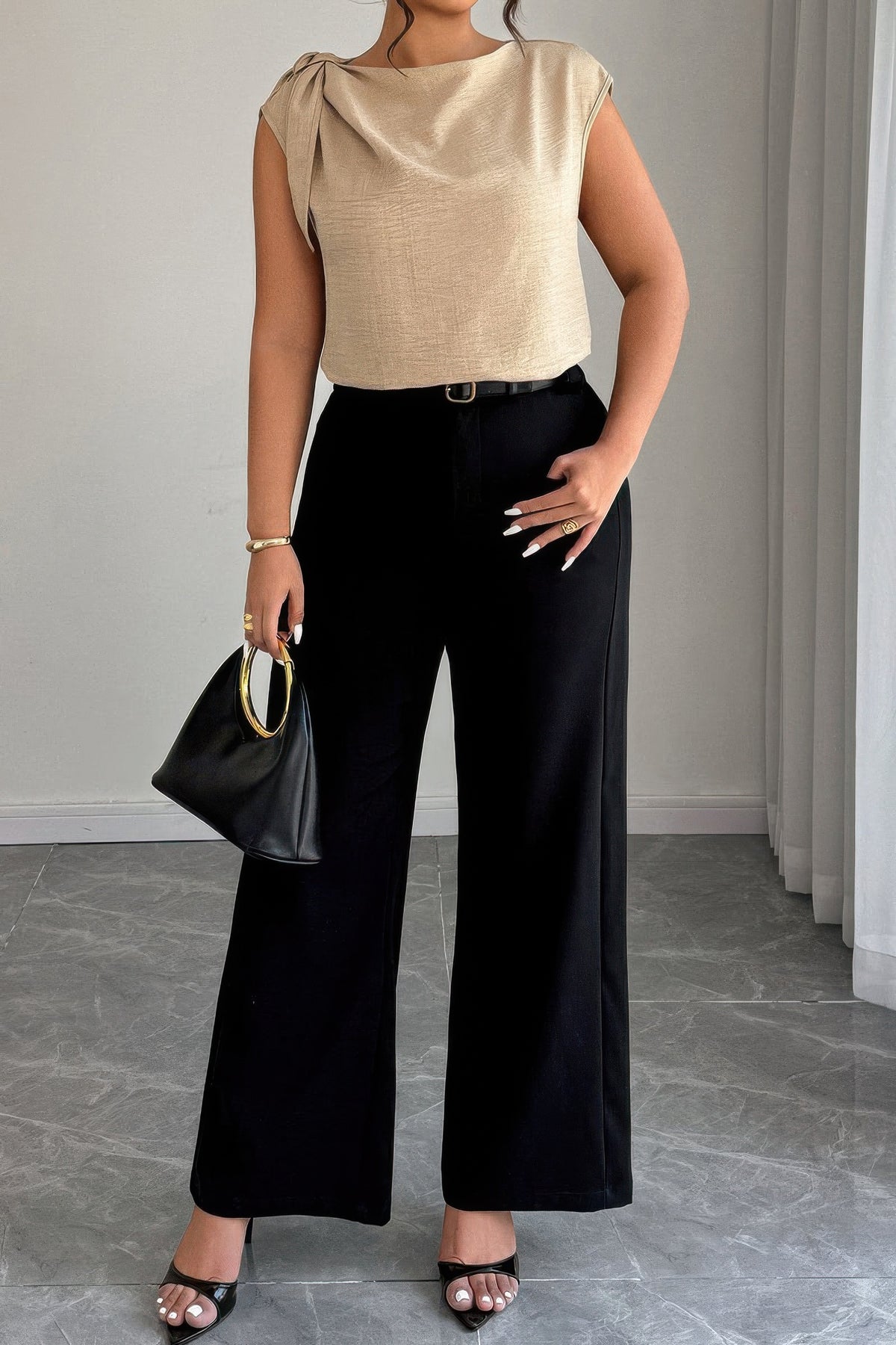 Plus size khaki tie-neck colorblock sleeveless blouse, alternate product view 2