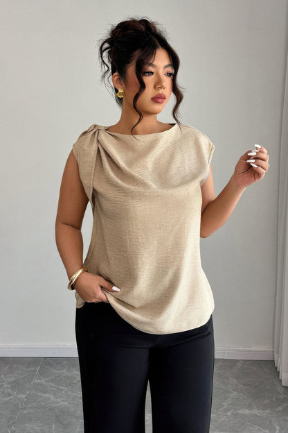 Plus size khaki tie-neck colorblock sleeveless blouse, alternate product view 3