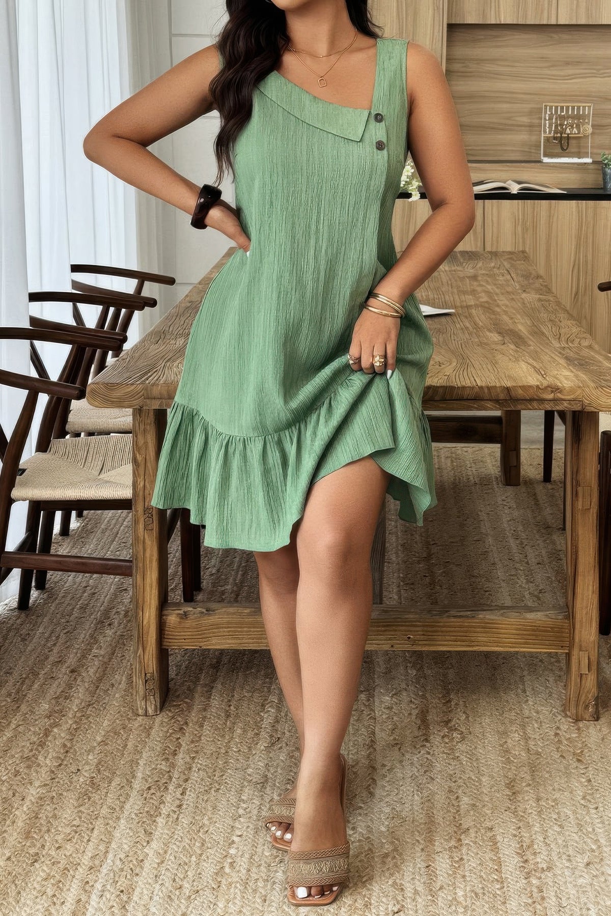Plus size green textured dress with irregular collar and ruffled hem, alternate product view 3