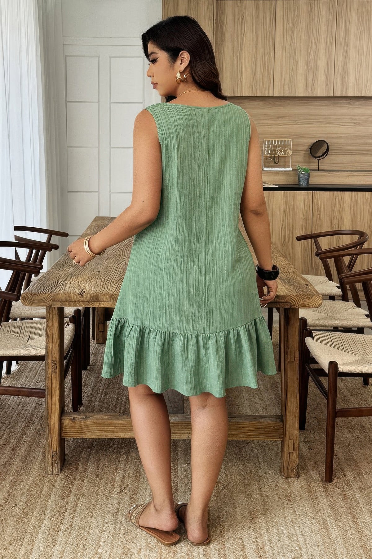 Plus size green textured dress with irregular collar and ruffled hem, alternate product view 4