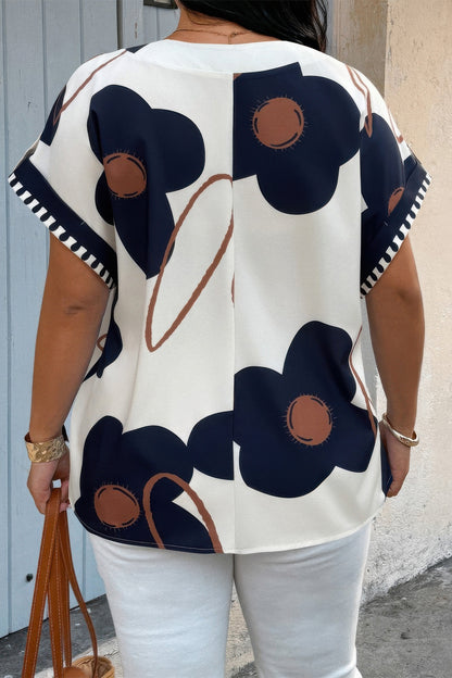 Plus size blue floral short-sleeve shirt with notched V-neck, alternate product view 2