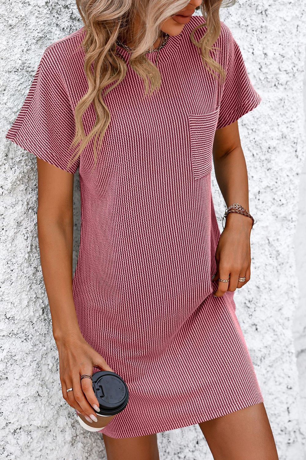 Ribbed Striped Short Sleeve Mini Tee Dress - Deep Rose -