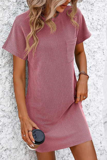 Ribbed Striped Short Sleeve Mini Tee Dress - Deep Rose -