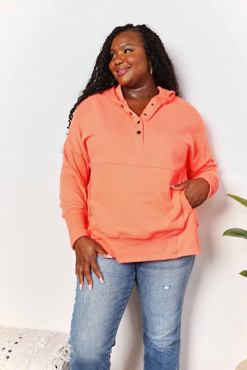 Double Take Quarter-Snap Dropped Shoulder Hoodie - -