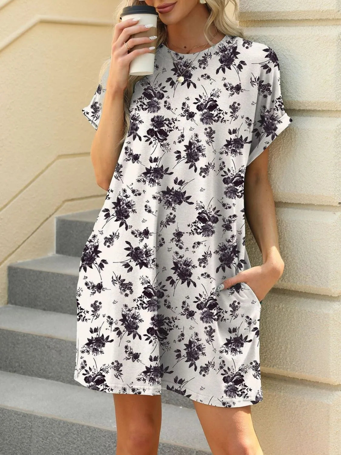 Printed Mini Dress – Pretty Round Neck Summer Chique - White -