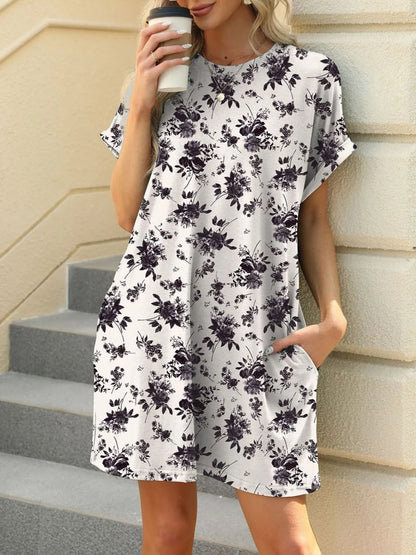Printed Mini Dress – Pretty Round Neck Summer Chique - White -