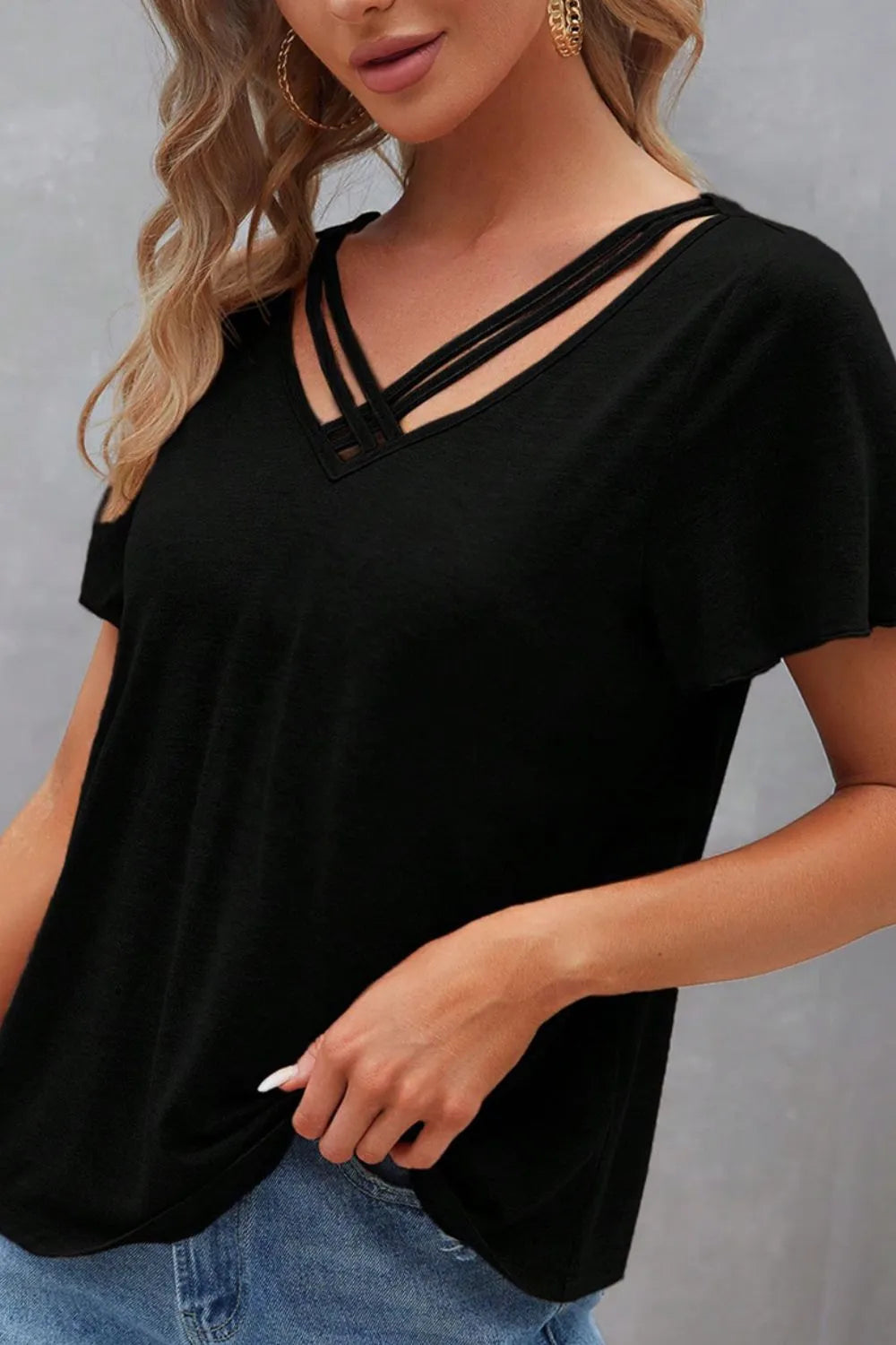 V-Neck Short Sleeve T-Shirt - -