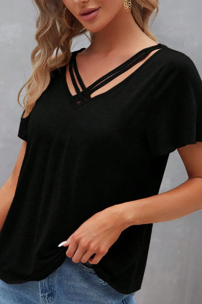 V-Neck Short Sleeve T-Shirt - -