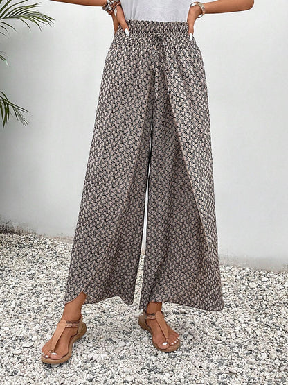 Tied Printed Wide Leg Pants - -