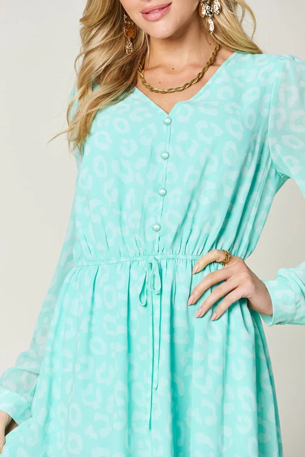 Double Take Full Size Printed Ruched V - Neck Long Sleeve Dress – | Shannon’s Chique Boutique