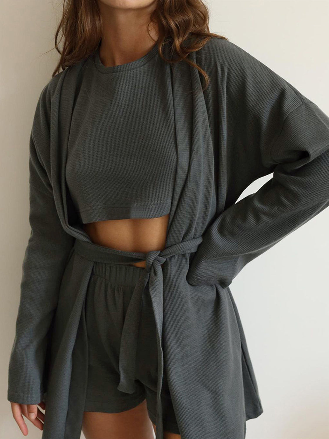 3-Piece Waffle-Knit Lounge Set – Cardigan, Tee & Shorts - Dark Gray -