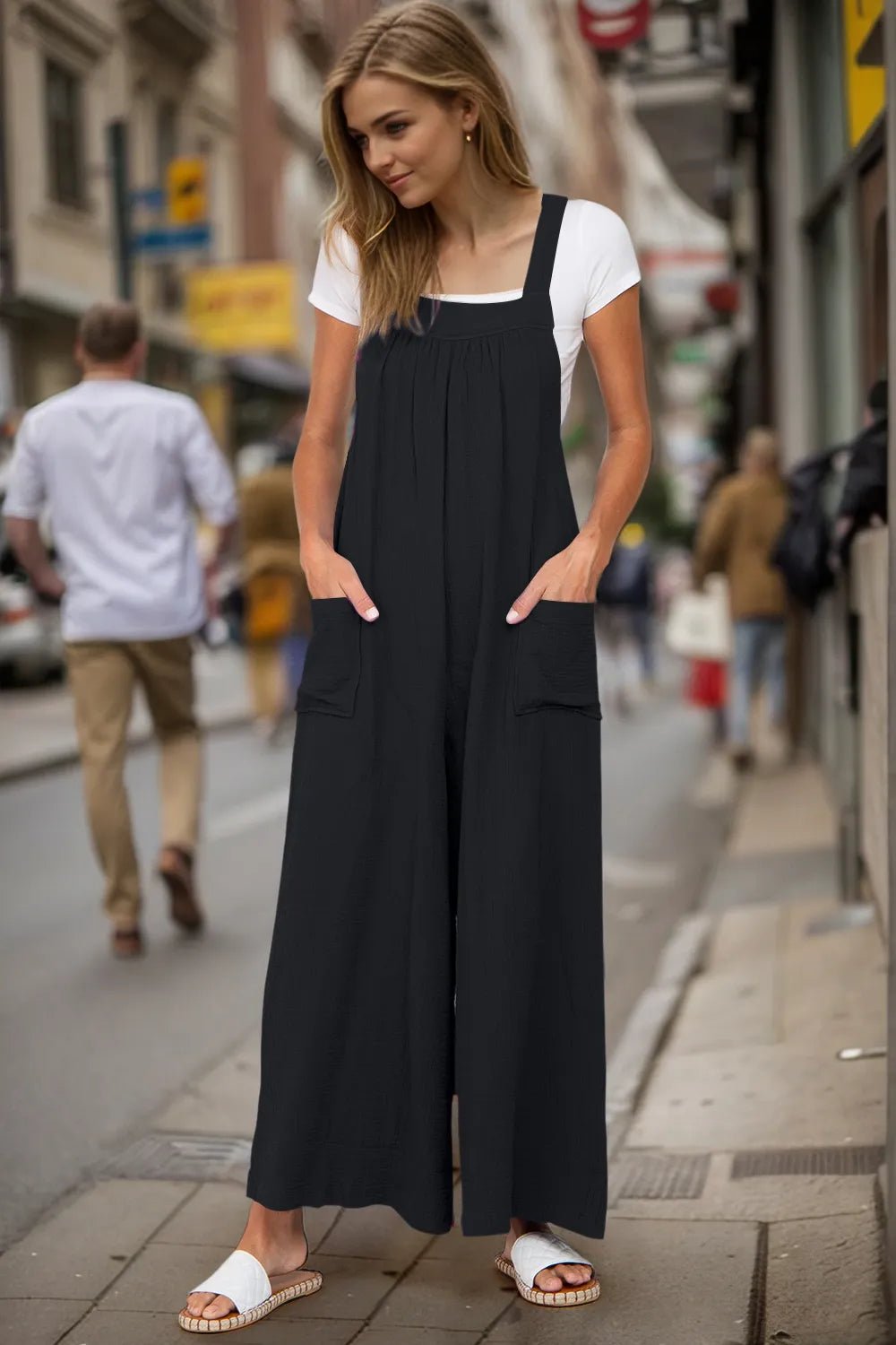 Double Take Full Size Wide Leg Overalls with Pockets - Black -