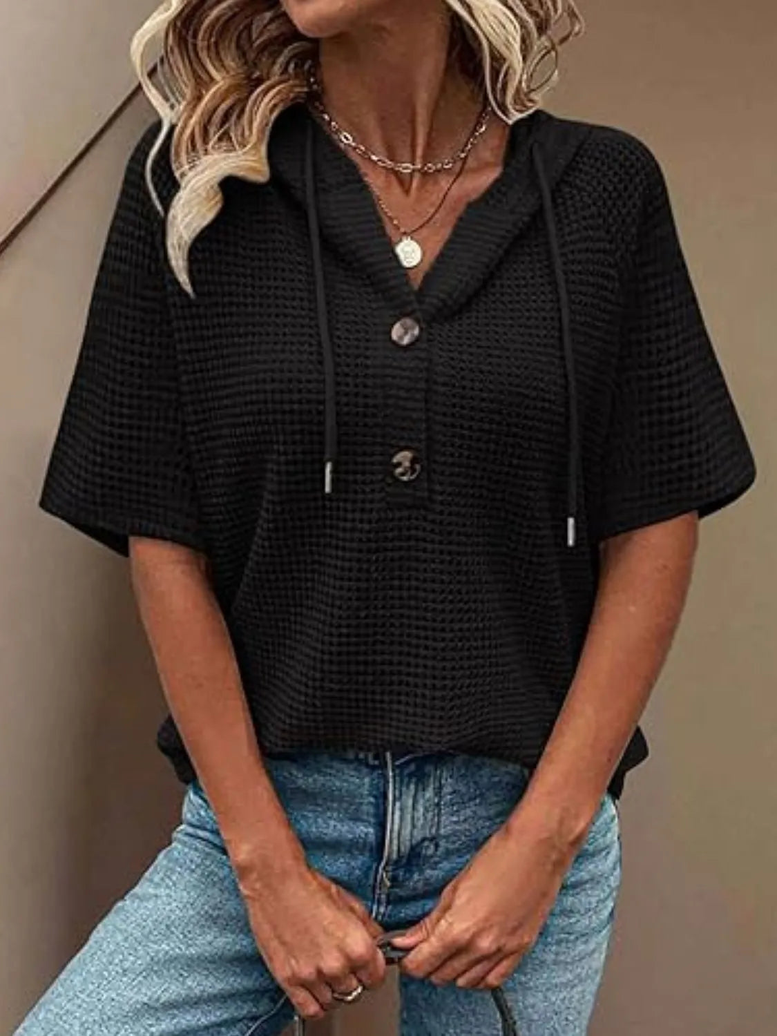 Drawstring Waffle-Knit Short Sleeve Hooded Top - -