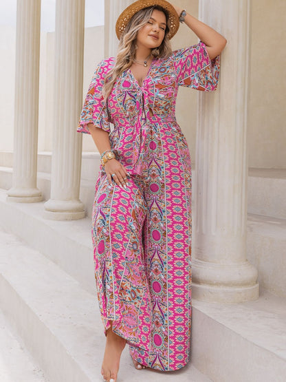 Plus Size Printed Half Sleeve Wide Leg Jumpsuit - Deep Rose -