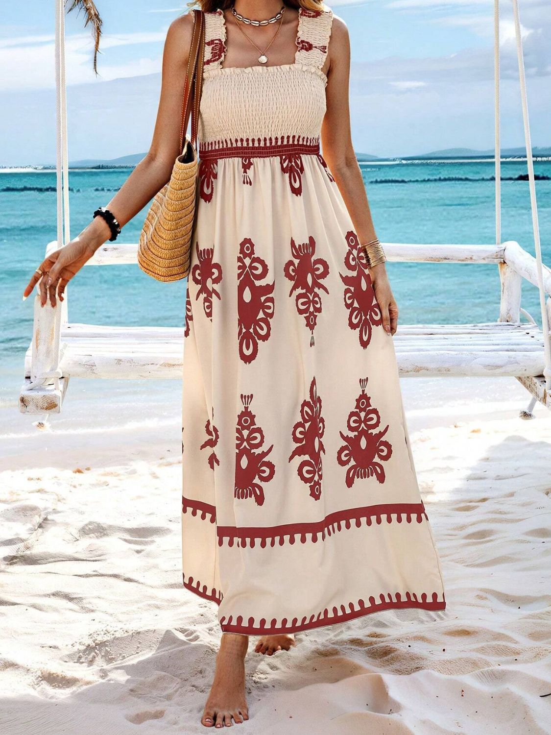Smocked Printed Wide Strap Maxi Dress - -