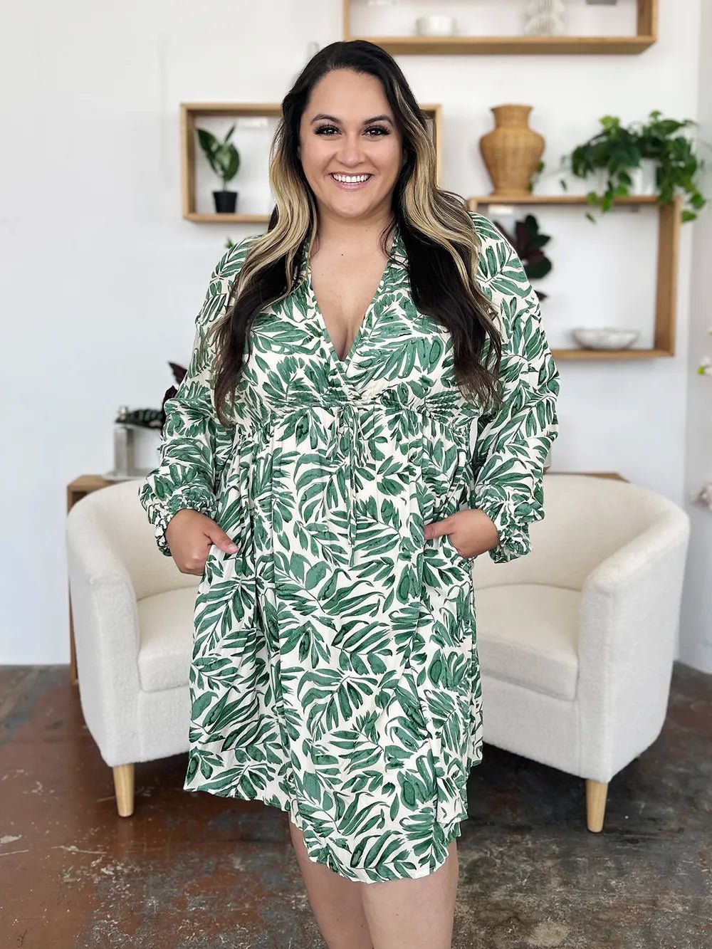 Double Take Full Size Printed Ruched Balloon Sleeve Dress – | Shannon’s Chique Boutique