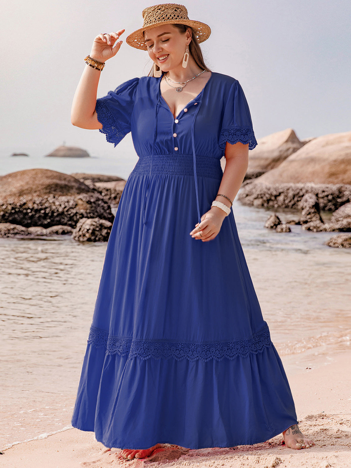 Plus Size Lace Detail Tie Neck Short Sleeve Maxi Dress - -