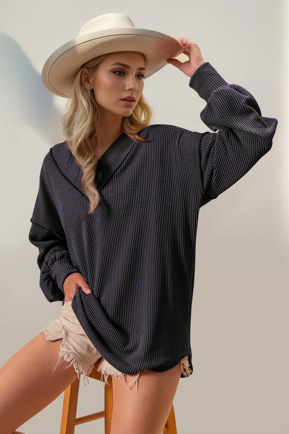 Double Take Exposed Seam Ribbed Textured V - Neck Long Sleeve T-Shirt – | Shannon’s Chique Boutique