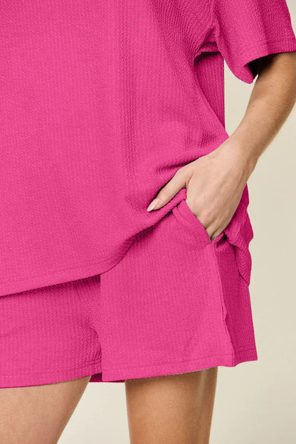 Double Take Basic style Round Neck Solid Set - -