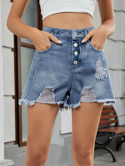 Distressed Raw Hem Denim Shorts - -