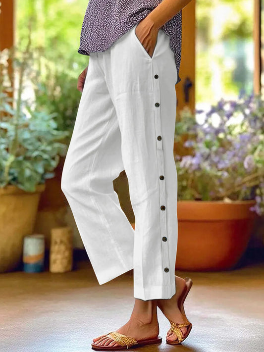 Coastal Stroll – Button Linen Pants - White -