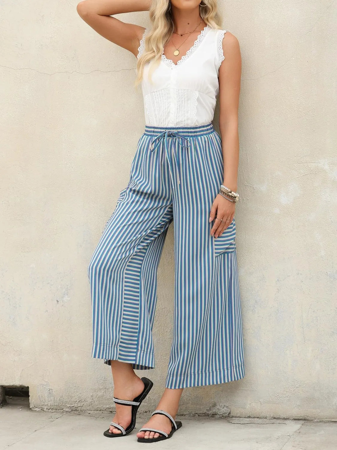 Contrast Striped Wide leg Pants - Light Blue -