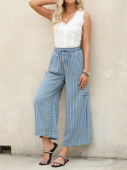 Contrast Striped Wide leg Pants - Light Blue -