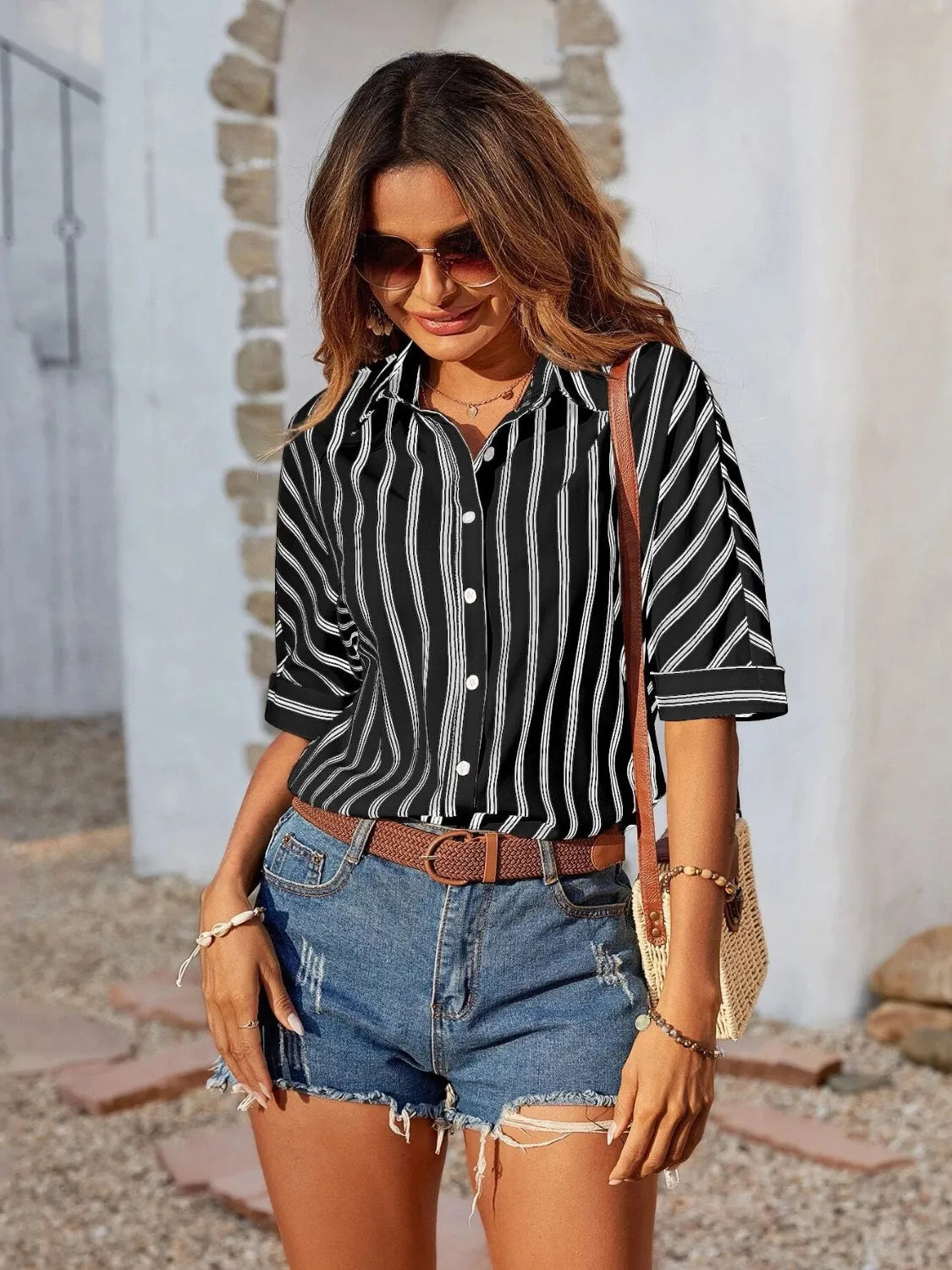 Striped Collared Neck Half Sleeve Shirt - Black -
