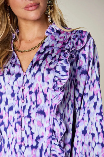 Double Take Full Size Printed Ruffle Trim Balloon Sleeve Shirt - -