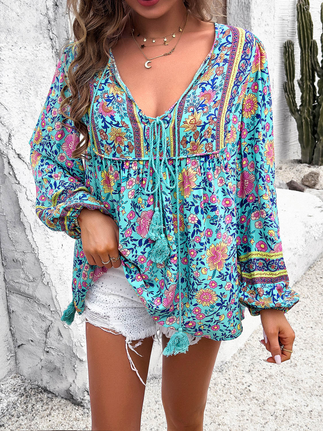 Devine Printed Tie Neck Long Sleeve Blouse - Aqua -