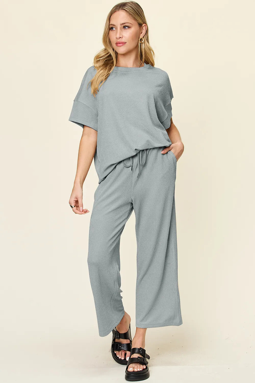 Double Take Full Size Texture Round Neck Short Sleeve T-Shirt and Wide Leg Pants - -