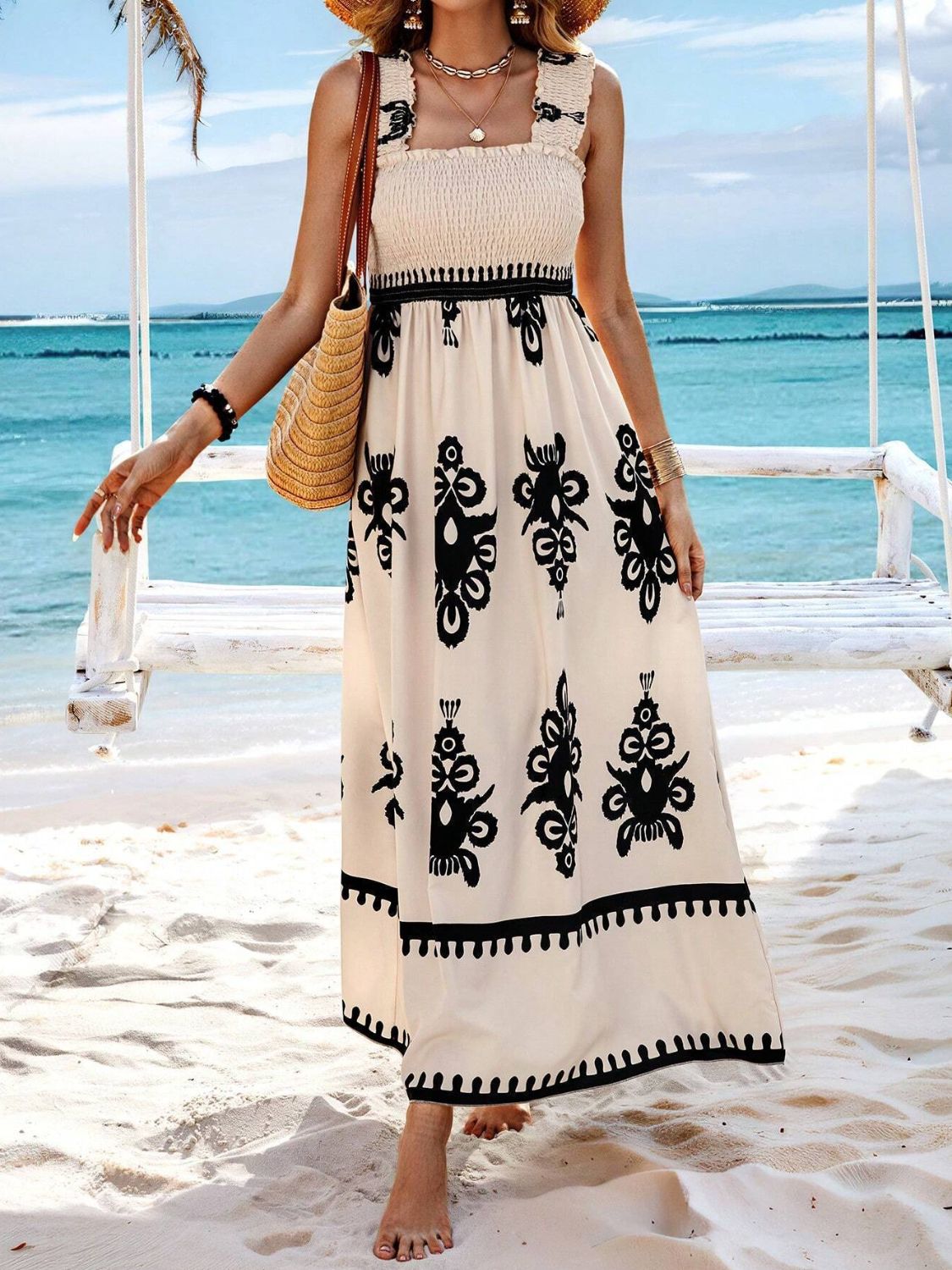 Smocked Printed Wide Strap Maxi Dress - -