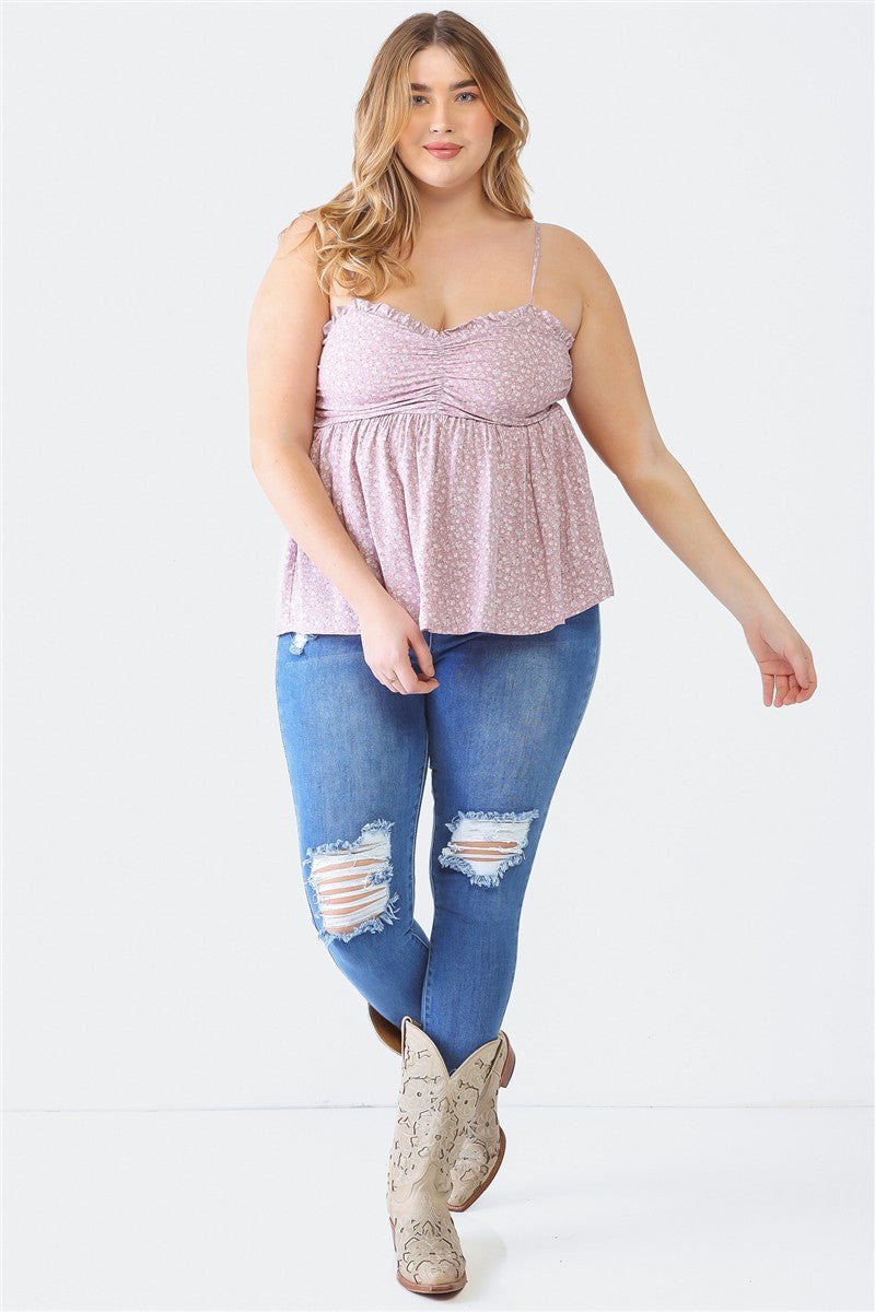 Zenobia Plus Size Frill Smocked Floral Sweetheart Neck Cami