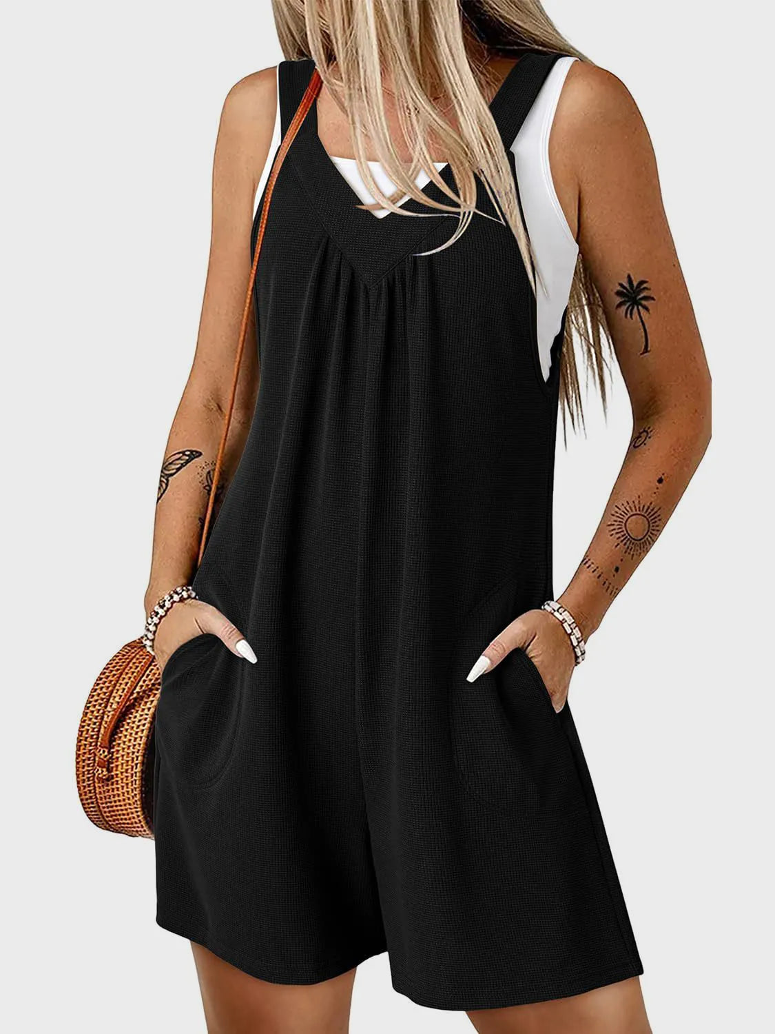 V-Neck Wide Strap Romper - Black -