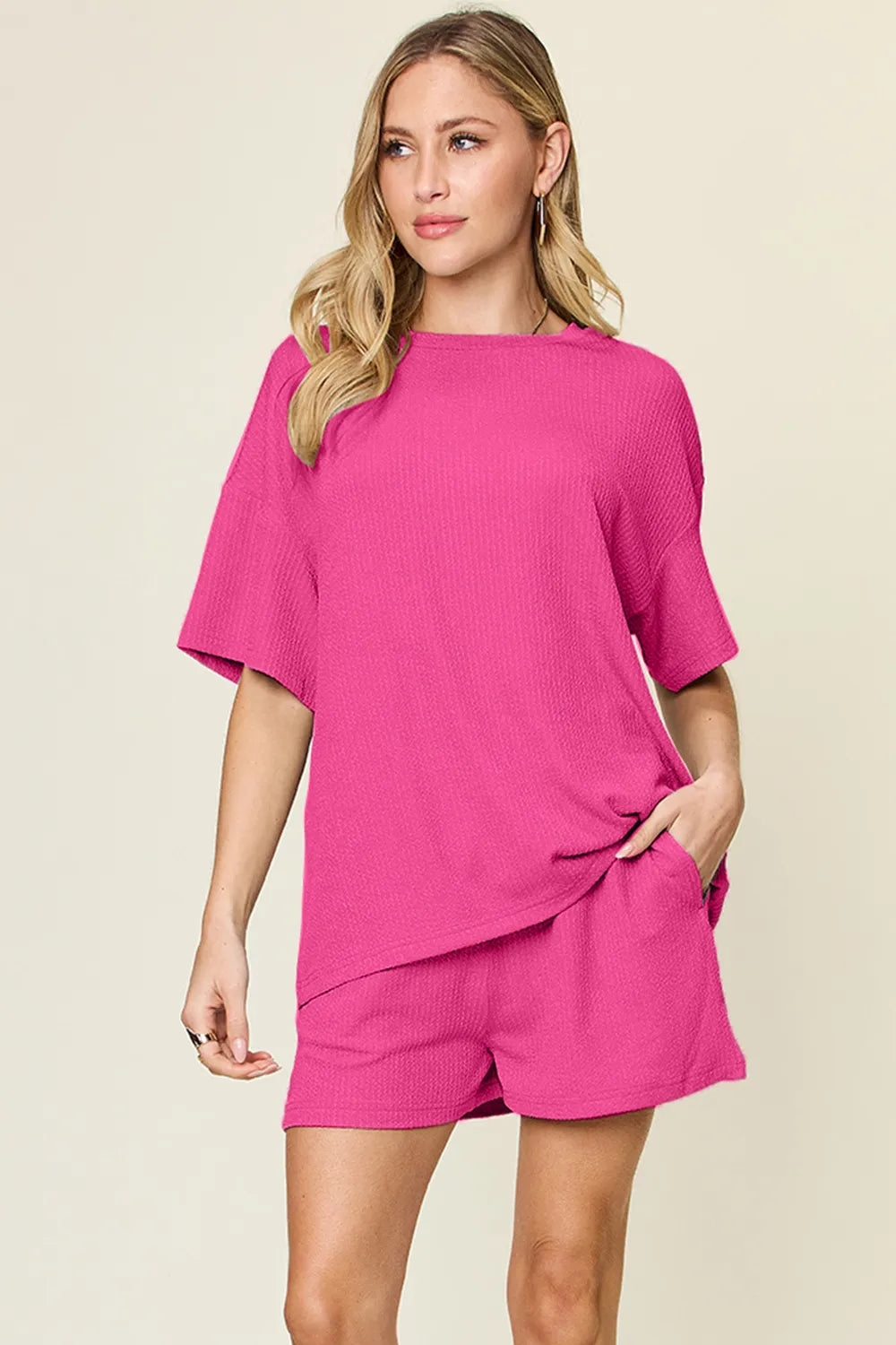 Double Take Basic style Round Neck Solid Set - Hot Pink -