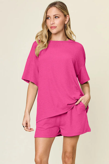 Double Take Basic style Round Neck Solid Set - Hot Pink -