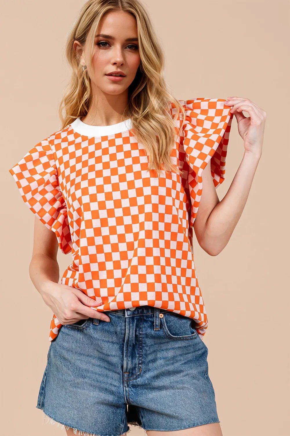 Oh Checkered Round Neck Puff Sleeve Blouse - Tangerine -