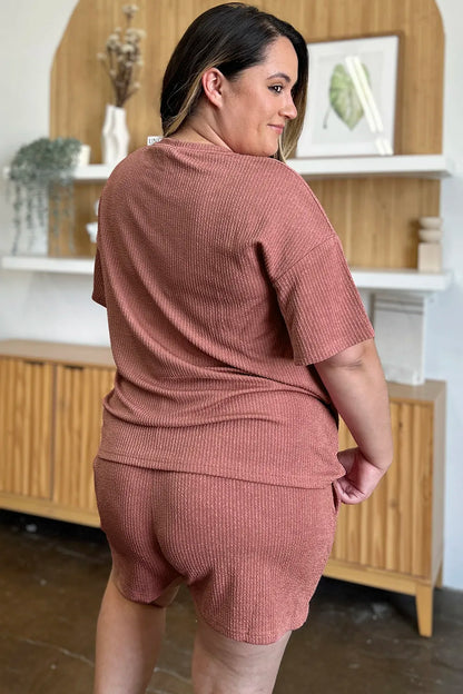 Double Take Full Size Round Neck Short Sleeve T-Shirt and Shorts Set - -