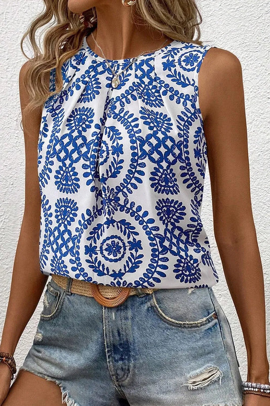 Printed Crew Neck Sleeveless Top - Blue -